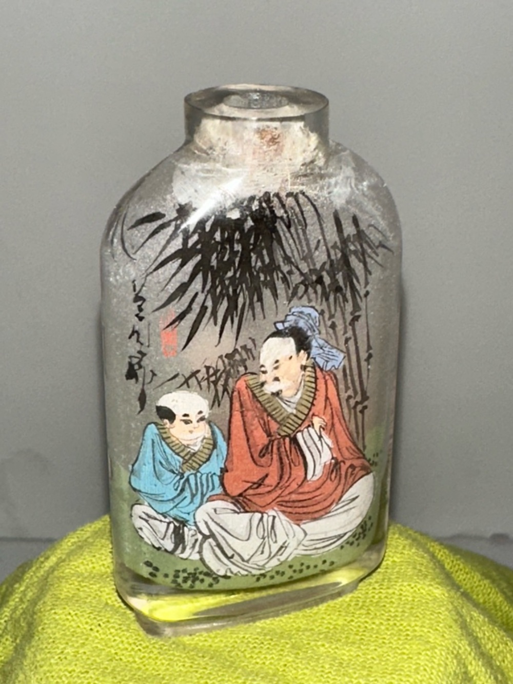 Hand-Painted Asian-Inspired Glass Art Bottle in Red and Blue